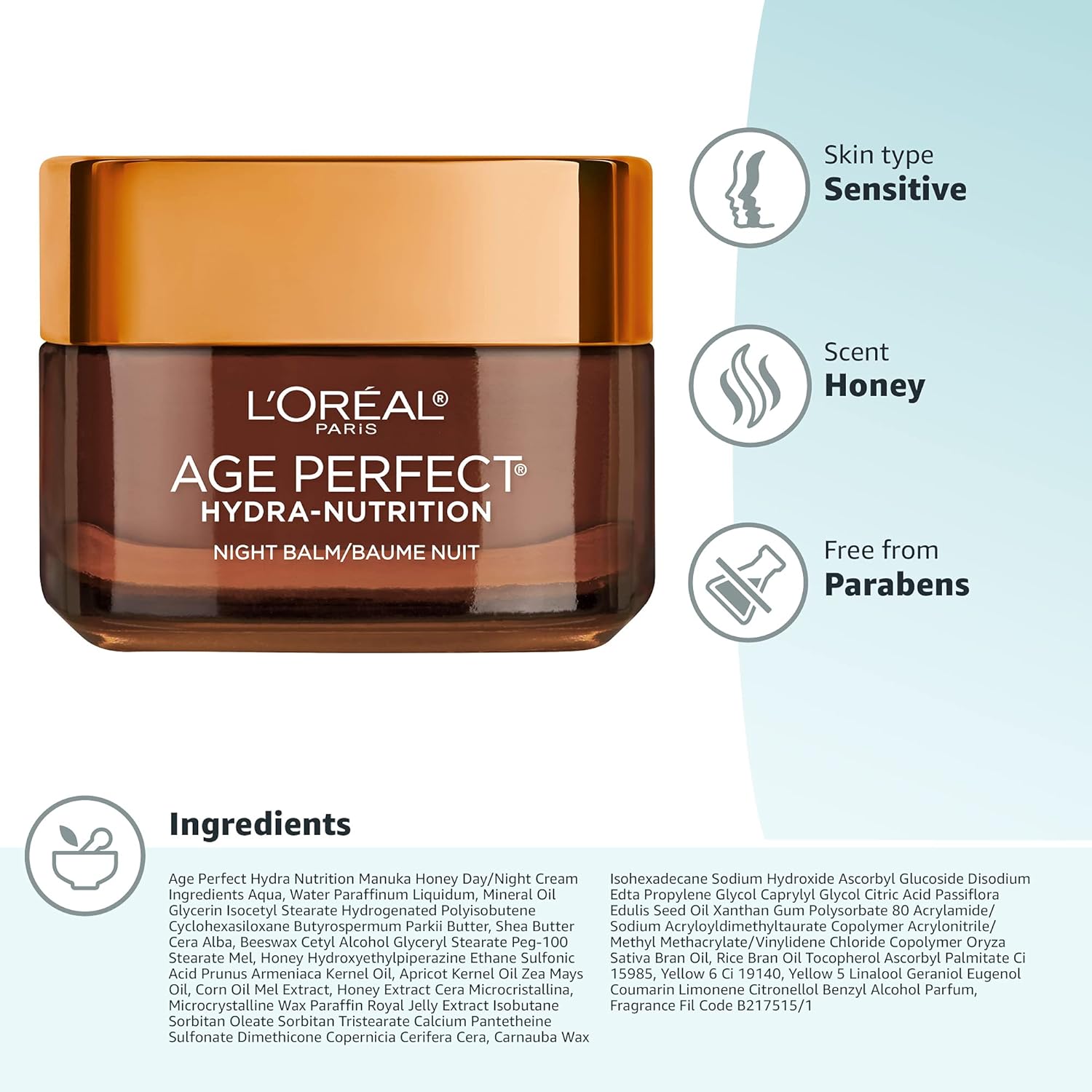 L'Oreal Paris Skincare Age Perfect Hydra Nutrition Ultra Nourishing Honey Night Balm, Face Moisturizer to Comfort, Improve Resilience on Dry Skin, Manuka Honey and Nurturing Oils, 1.7 oz.