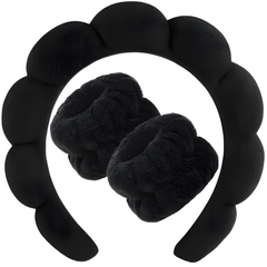 Spa Headbands for Washing Face or Facial Sponge Makeup Skin Care Headband Wristband Set Towel Bubble Soft Sponge Hairband for Women Girls Puffy Winter Non Slip Thick Thin Hair Accessory(Black)