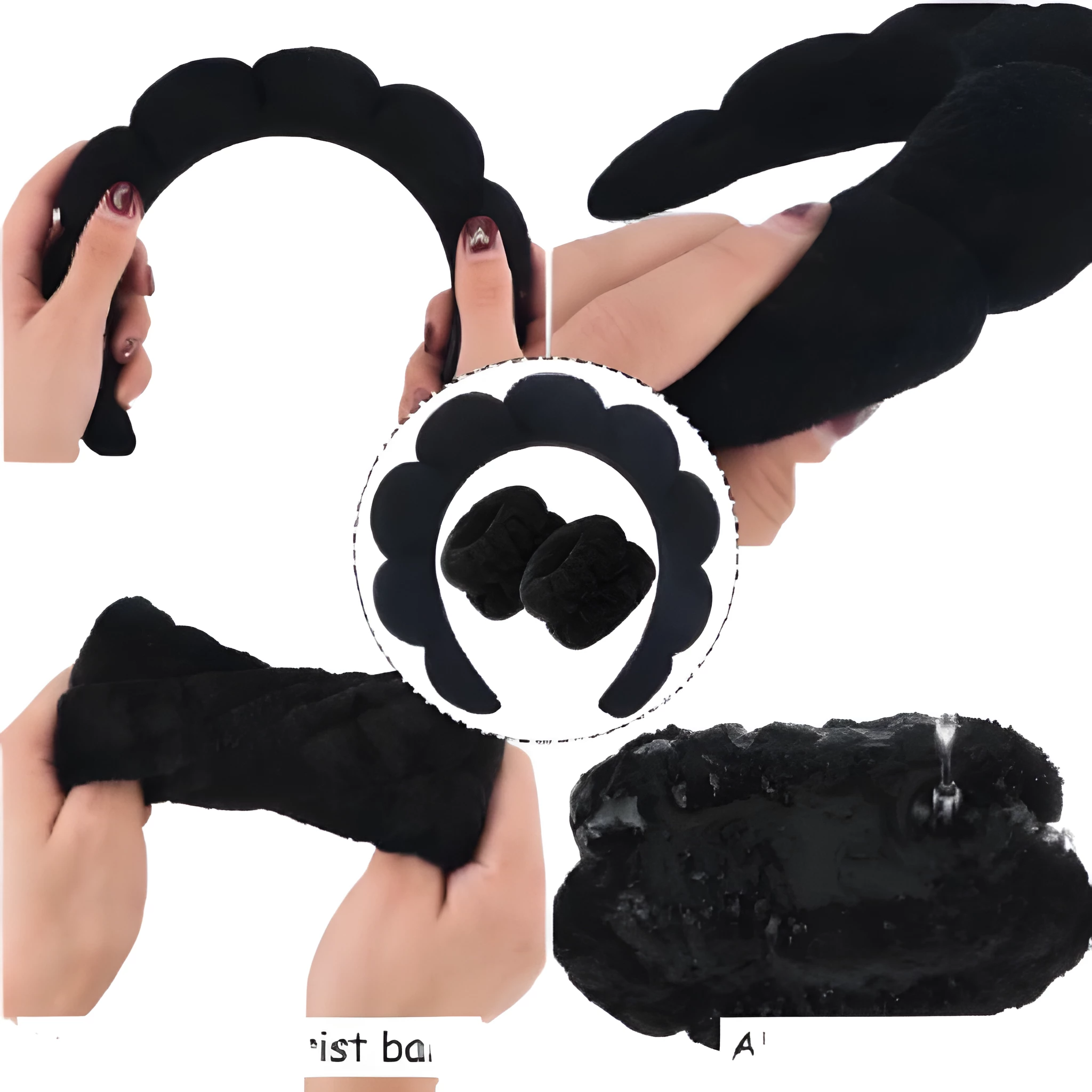 Spa Headbands for Washing Face or Facial Sponge Makeup Skin Care Headband Wristband Set Towel Bubble Soft Sponge Hairband for Women Girls Puffy Winter Non Slip Thick Thin Hair Accessory(Black)