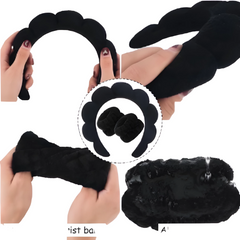 Spa Headbands for Washing Face or Facial Sponge Makeup Skin Care Headband Wristband Set Towel Bubble Soft Sponge Hairband for Women Girls Puffy Winter Non Slip Thick Thin Hair Accessory(Black)