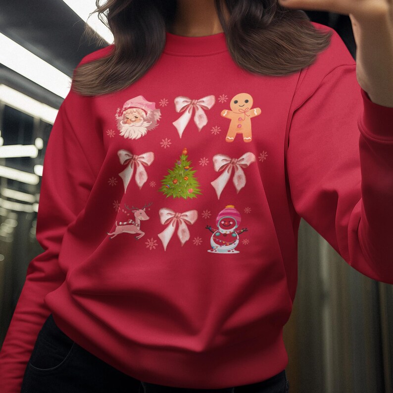 Coquette Christmas Crewneck Sweatshirt | Pretty Pink Bows, Santas and Gingerbread Sweatshirt | Soft Women, Girls Christmas Sweatshirt