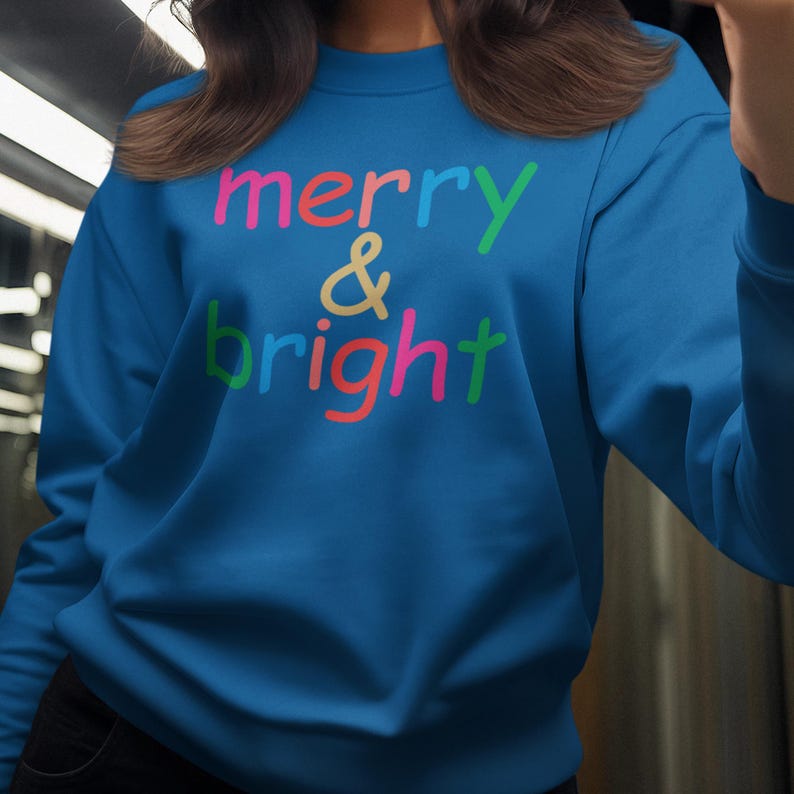 Merry & Bright Christmas Round Neck Sequin Letters Crewneck Sweatshirt For Women, Women Sweatshirts, Casual Solid Slogan Sweatshirt