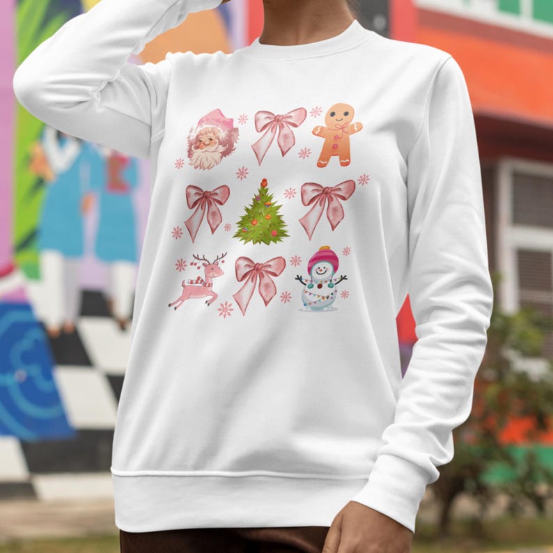 Coquette Christmas Crewneck Sweatshirt | Pretty Pink Bows, Santas and Gingerbread Sweatshirt | Soft Women, Girls Christmas Sweatshirt