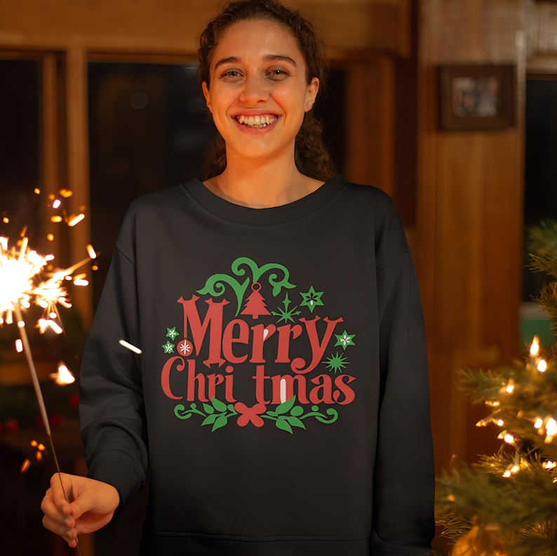 Merry Christmas Crewneck Sweatshirts for Women, Glitter Patch Merry Letter Sweatshirts, Chenille Patch Oversized Sweatshirts