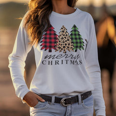 Merry Christmas Crewneck Sweatshirt for Women, Plaid Christmas Holiday Long Sleeve Christmas Tree Sweatshirt, Sweatshirt for Women and Girls